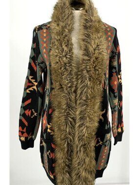 Panhandle Women’s Cardigan Long Sweater Sz M Multicolor Faux Fur Western Aztec